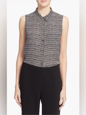 Theory Women's "Yarine TS" Silk Sleeveless Button Up Blouse Tweedy Print Small